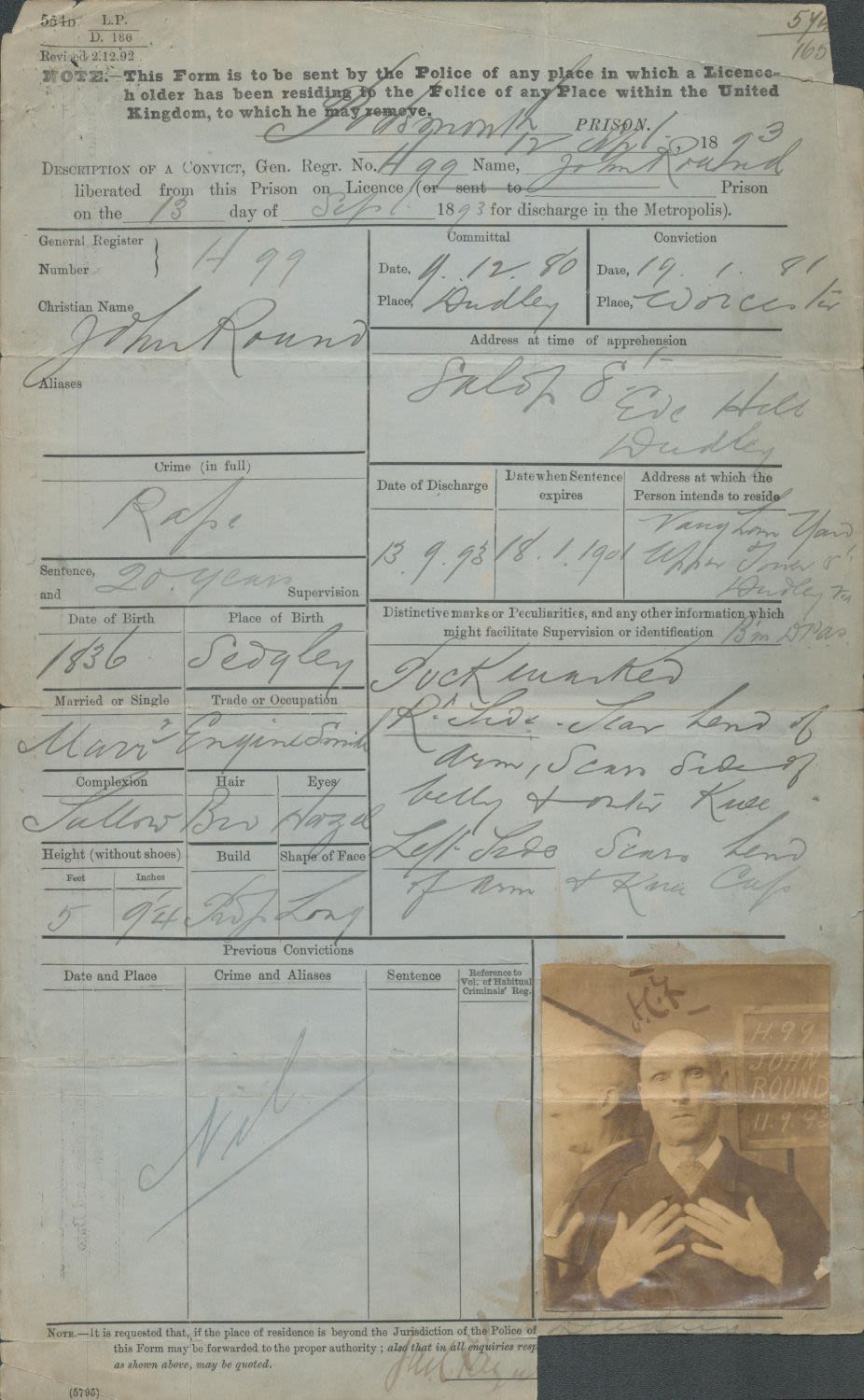 Lot 733: Historical Prison release document for convict John Round...