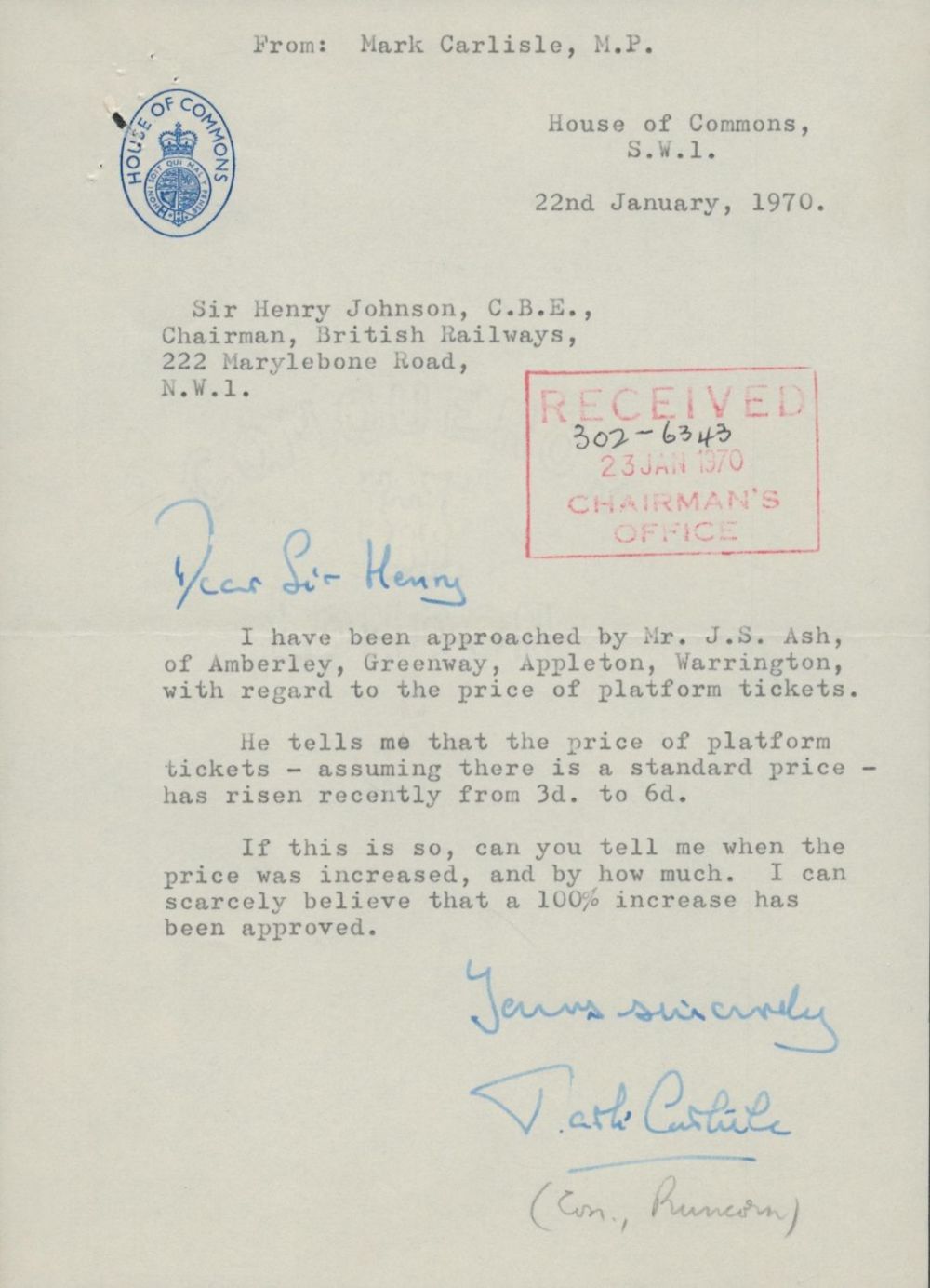 Lot 85: Mark Carlisle (Lord Carlisle of Bucklow) MP secretary...