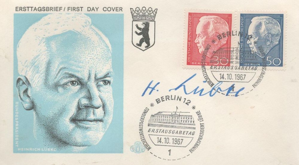 Lot 161: Heinrich Lubke signed vintage FDC PM Berlin 12erstausgabetag...