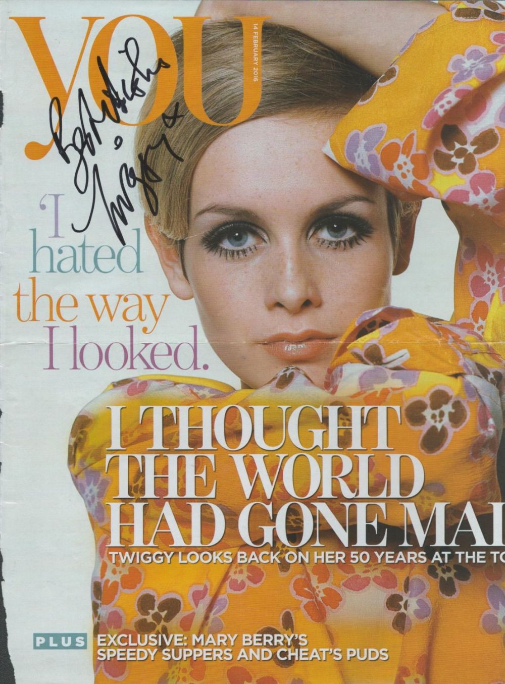 Lot 234: Twiggy signed magazine front cover. Good condition. All...