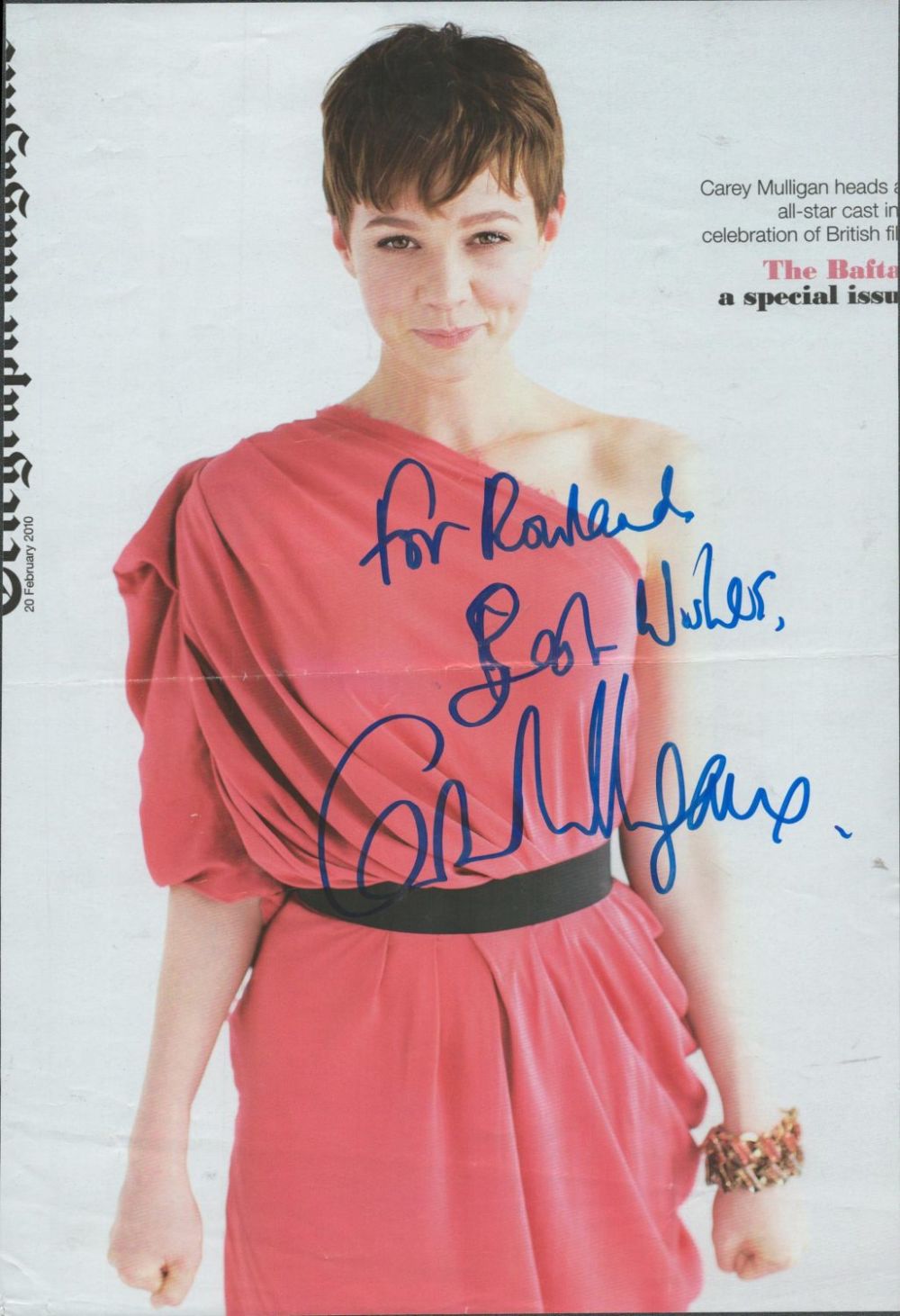 Lot 235: Carey Mulligan signed A4 colour magazine page. Good...