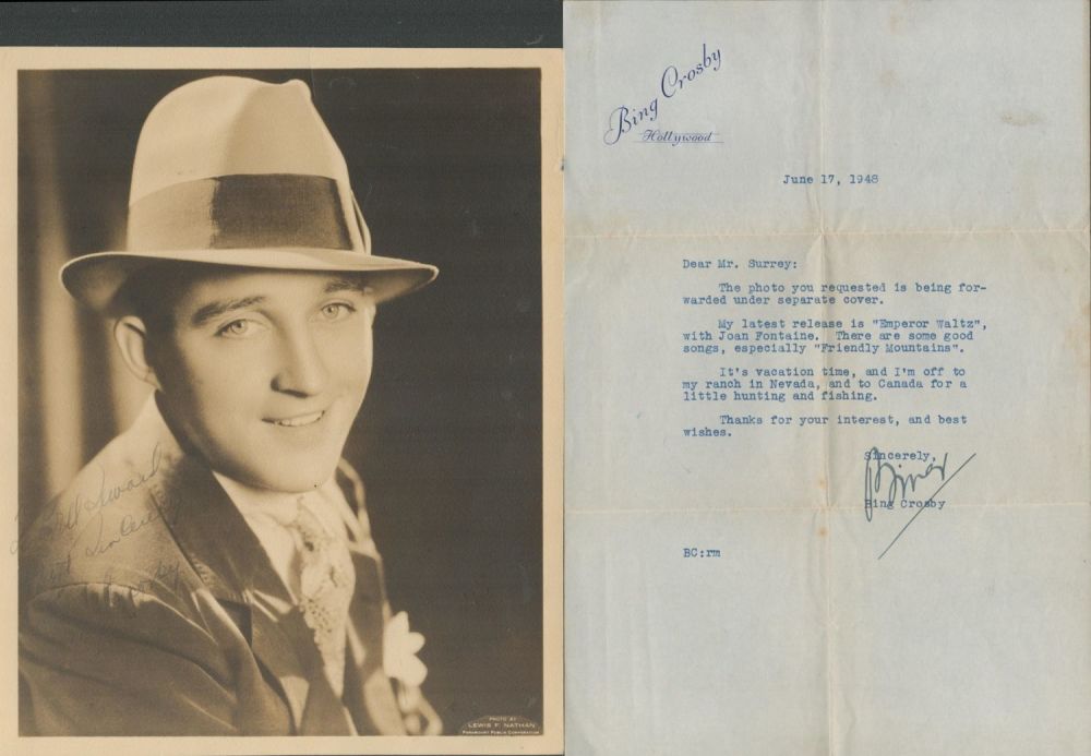 Lot 258: Bing Crosby signed vintage photo and letter. Good...