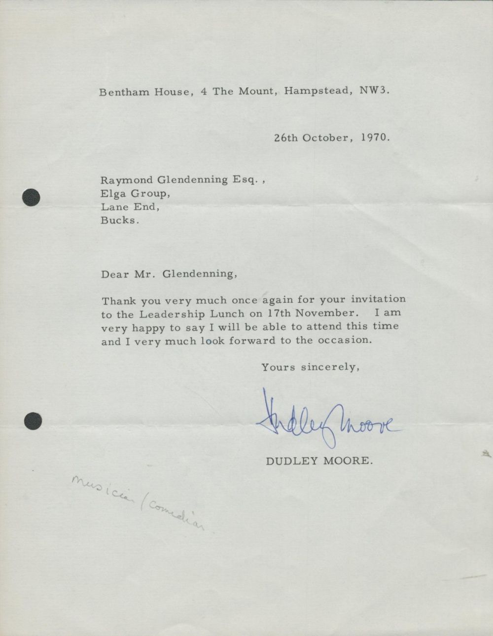 Lot 260: Dudley Moore TLS dated 26/10/1970. Good condition. All...