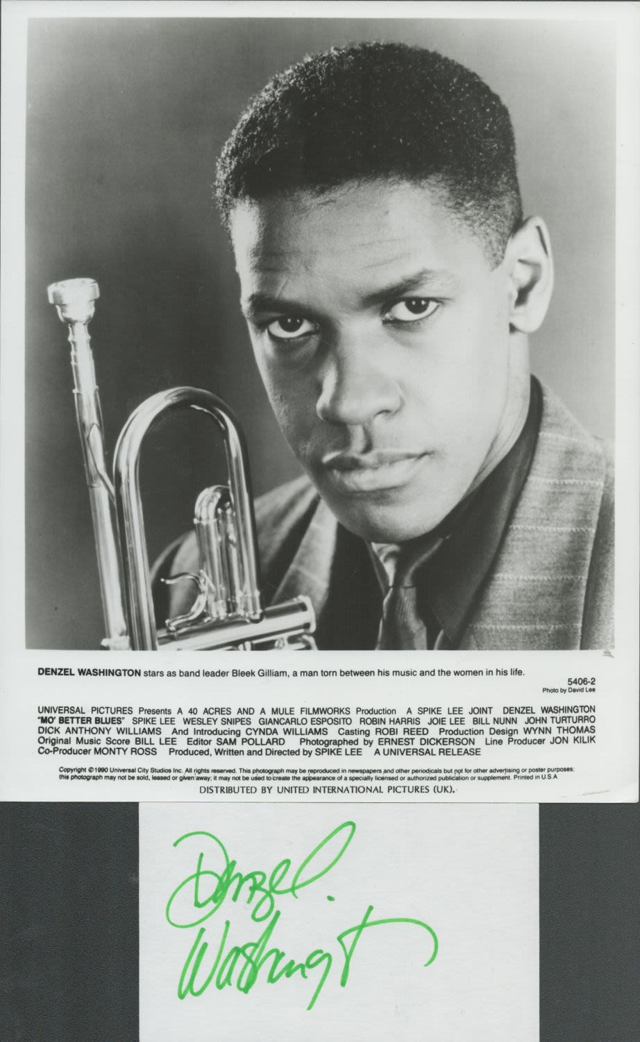 Lot 267: Denzel Washington signed white card with 10x8inch black...