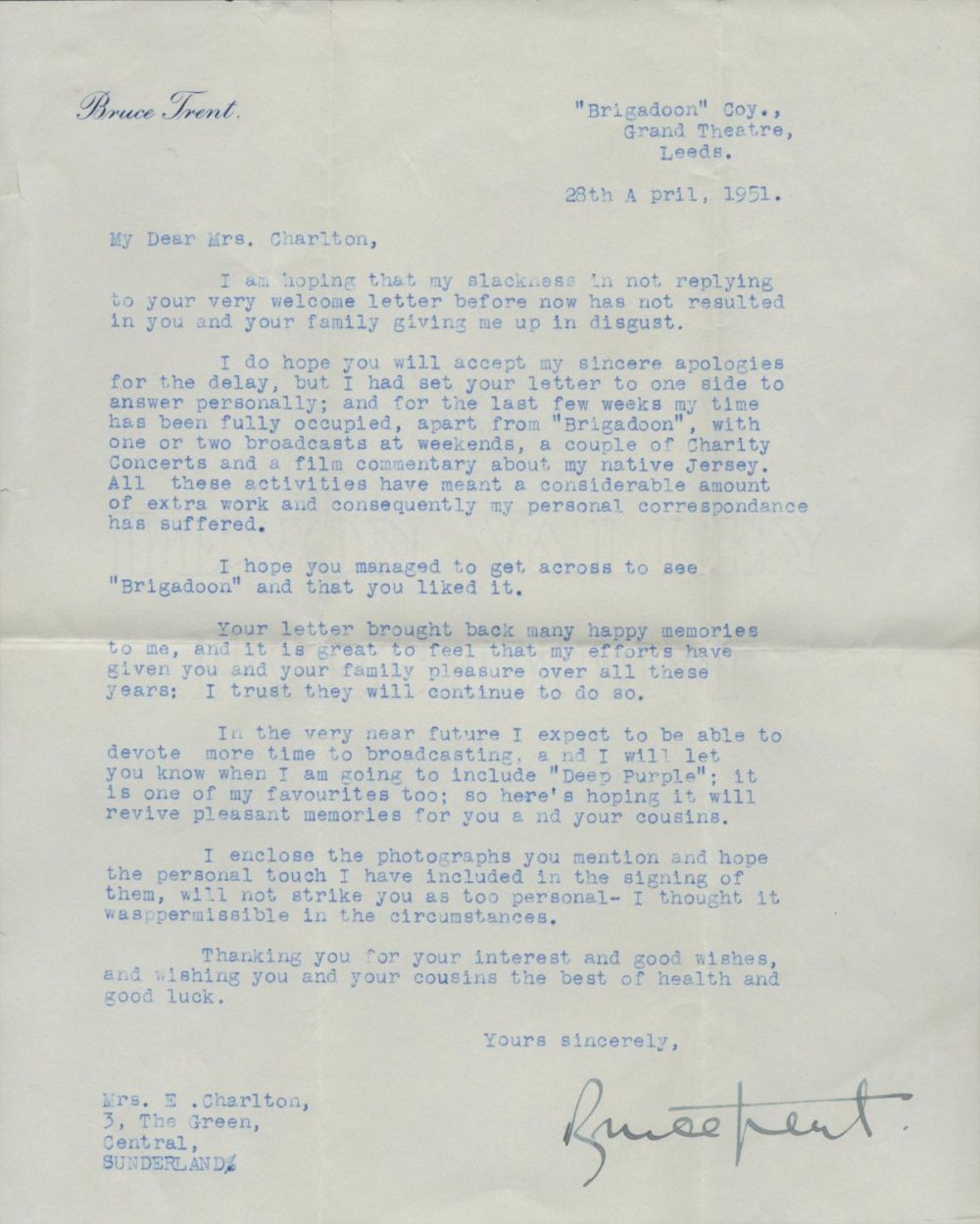 Lot 360: Bruce Trent TLS dated 28th April 1951 correspondence...