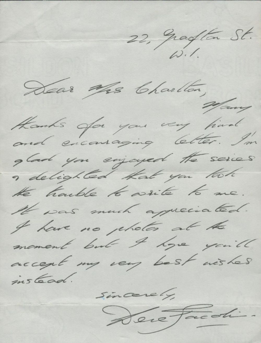 Lot 398: Derek Jacobi TLS Thanks letter. CBE is an...