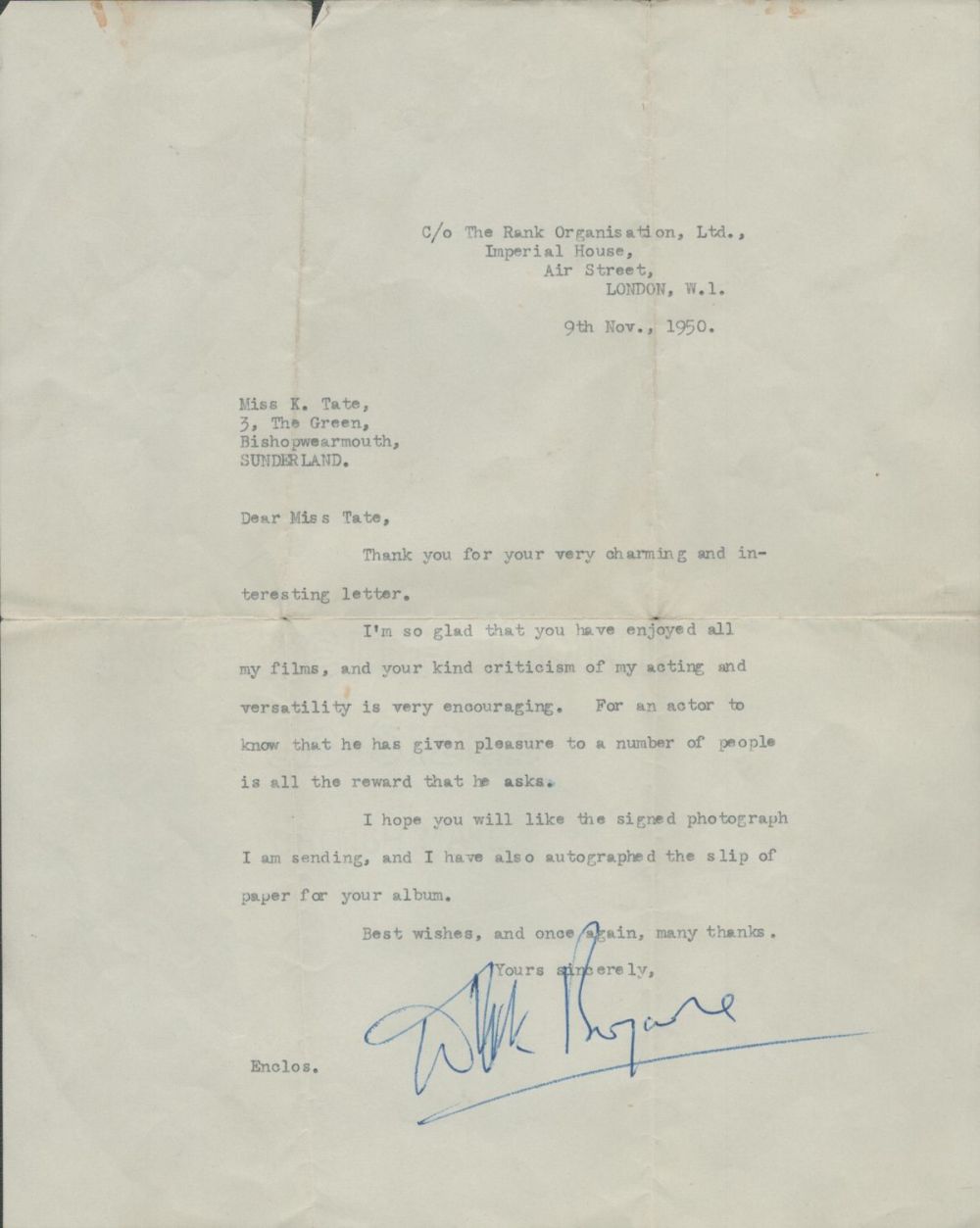 Lot 400: Dirk Bogarde TLS Thank letter dated 9th Nov...