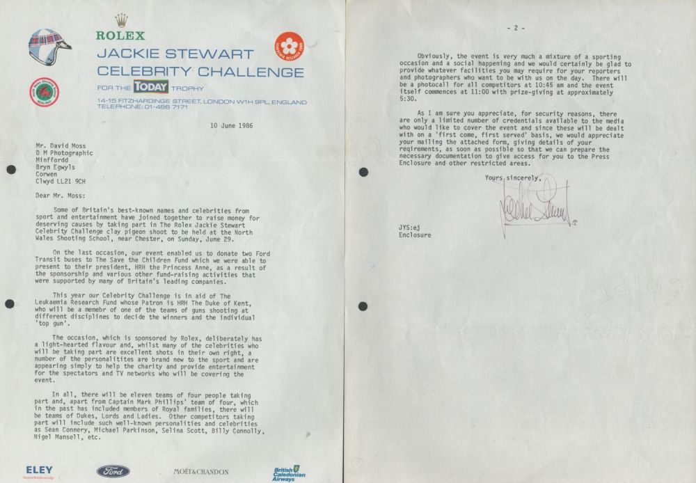 Lot 548: Jackie Stewart TLS A4 Header sheets ROLEX JACKIE...