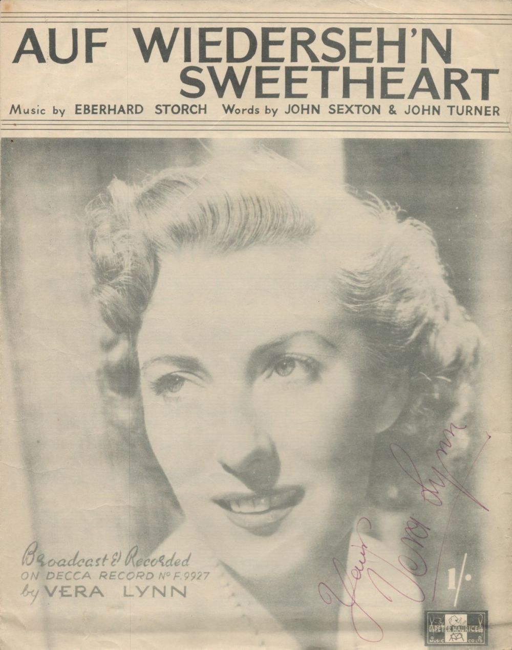Lot 68: Vera Lynn, singer. A signed music sheet for...