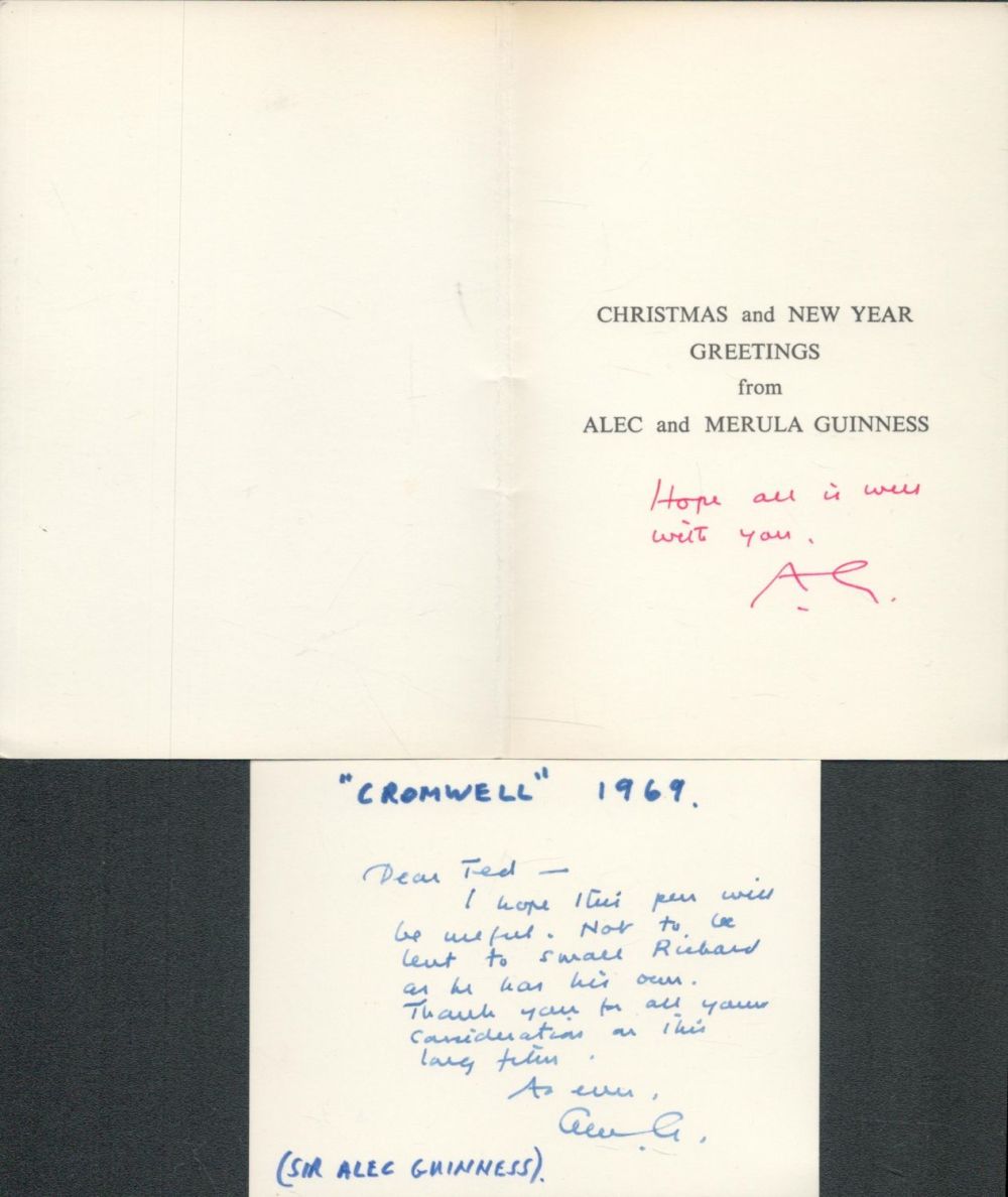 Lot 74: Alec Guinness signed ALS white card titled Cromwell...