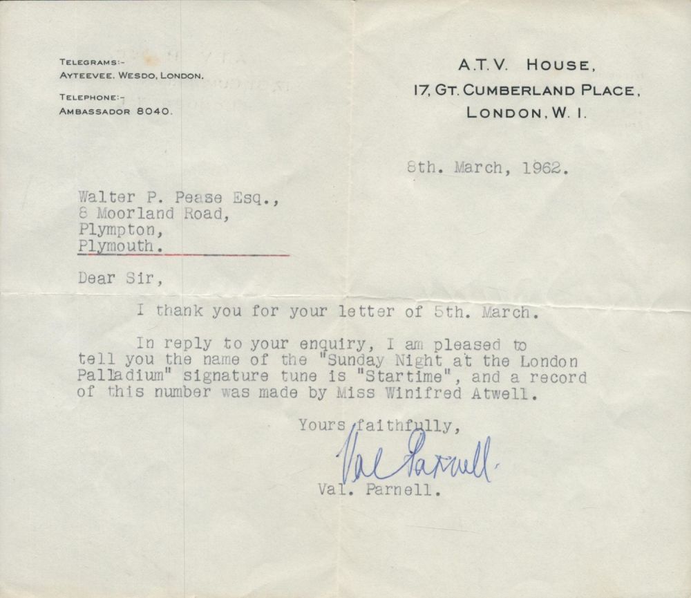 Lot 269: Val Parnell TLS dated 8/3/1962. Good condition. All...