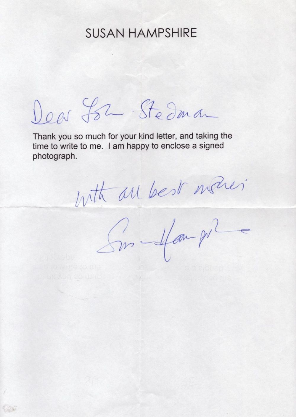 Lot 274: Susan Hampshire TLS. Good condition. All autographs are...