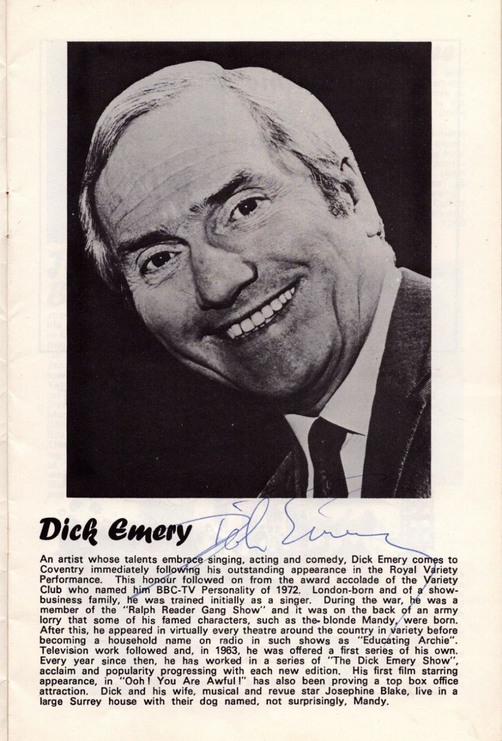 Lot 278: Dick Emery signed theatre programme. Good condition. All...