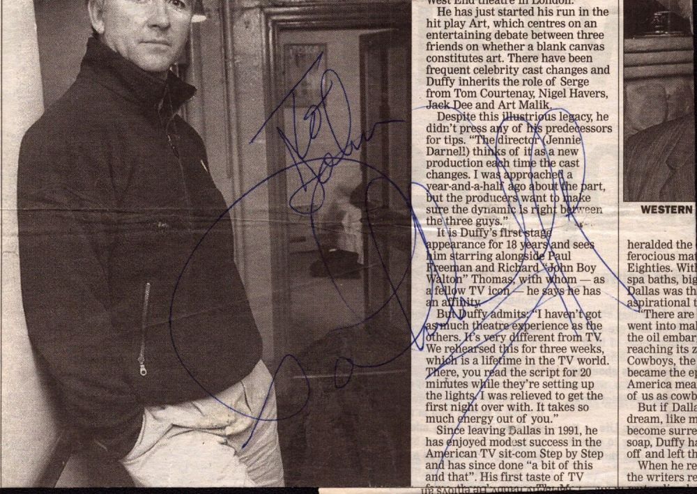 Lot 279: Patrick Duffy signed newspaper article. Dedicated. Good condition....
