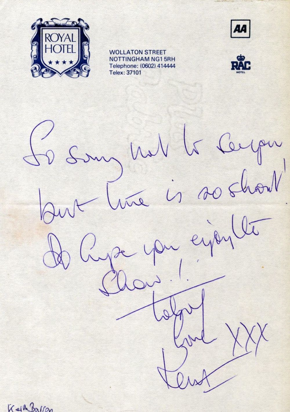 Lot 281: Keith Barron signed handwritten note on hotel notepaper....