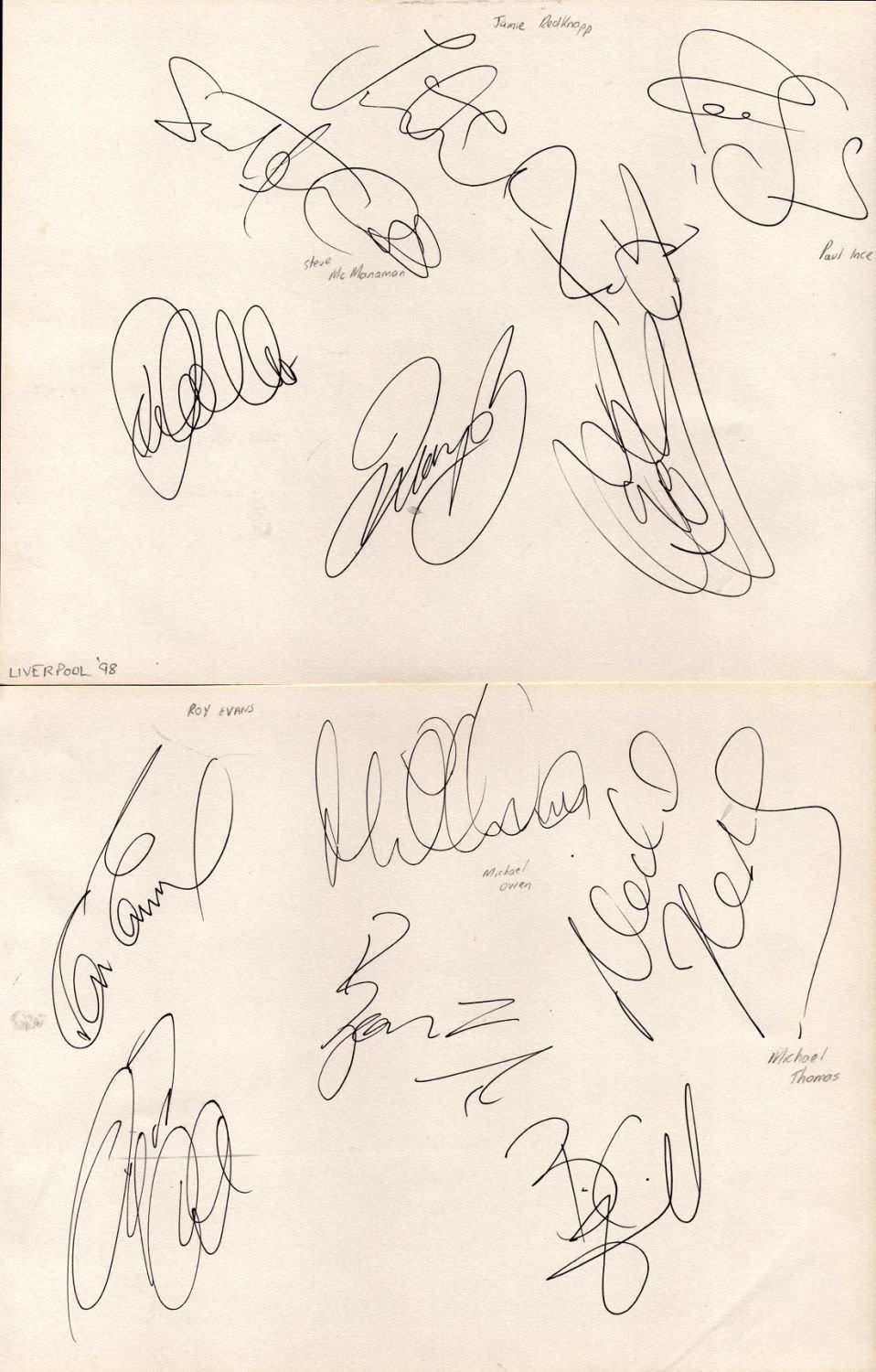 Lot 292: Liverpool FC 1998 signed album page. Good condition....