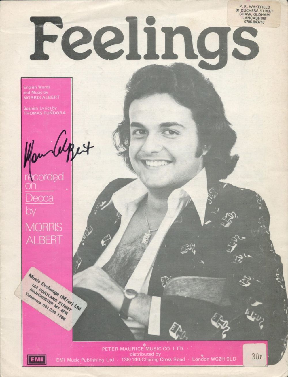 Lot 323: MORRIS ALBERT Brazilian Singer Songwriter signed vintage 'Feelings'...