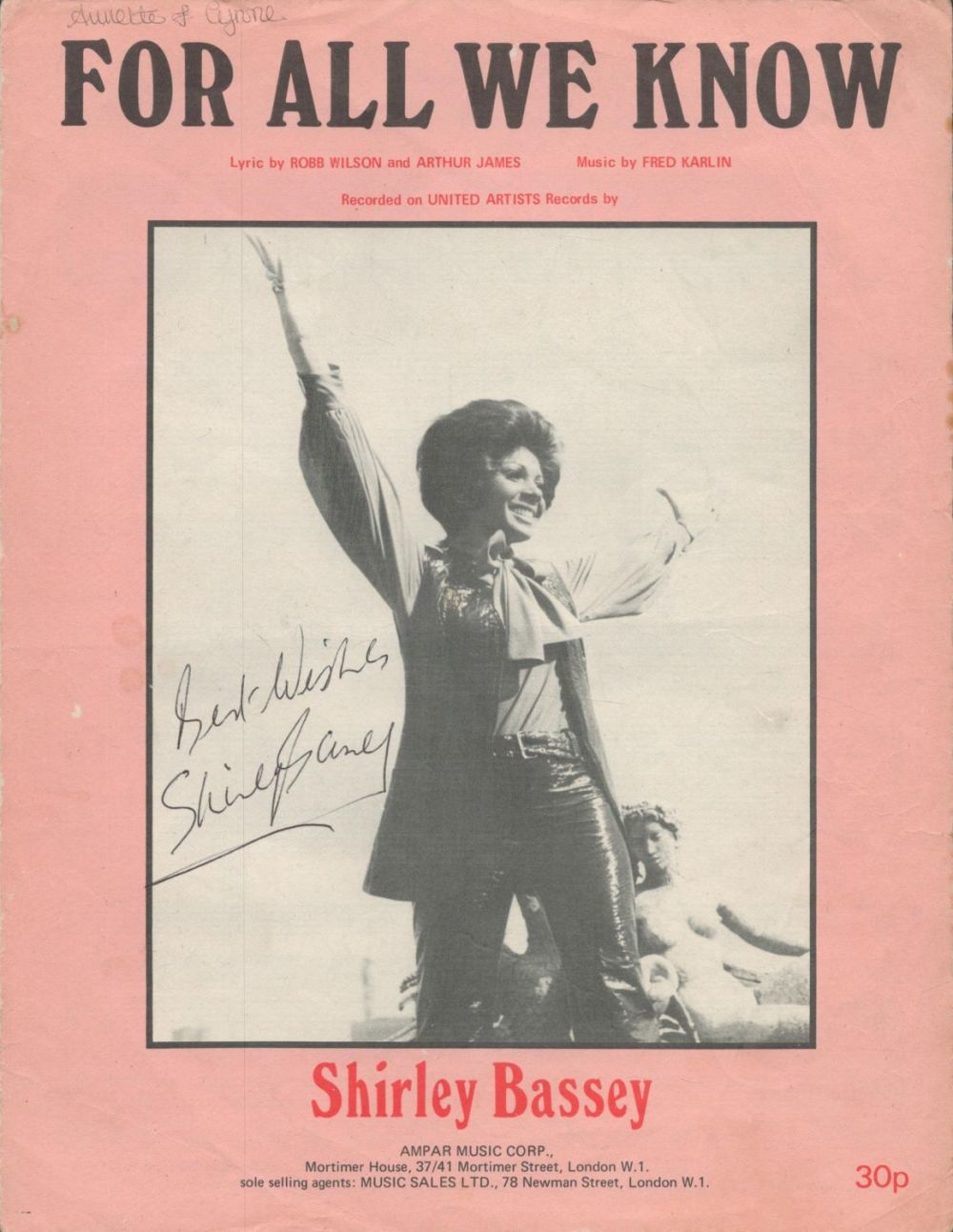 Lot 324: SHIRLEY BASSEY Welsh Singer signed vintage 'For All...