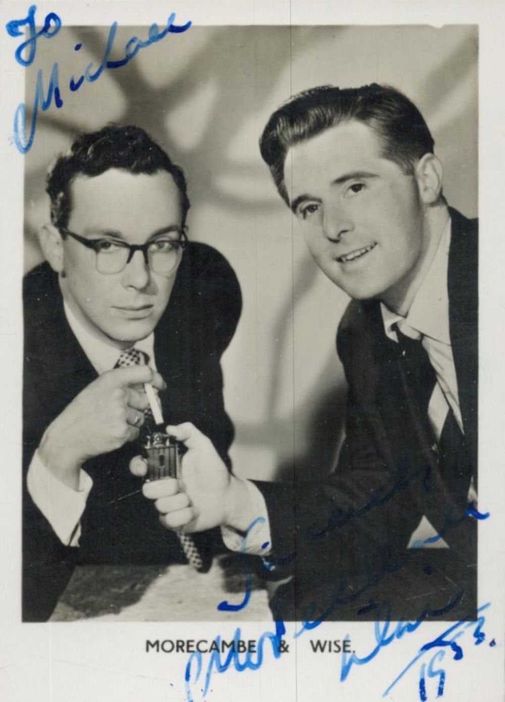 Lot 471: Morecambe and Wise signed 3x2inch black and white...