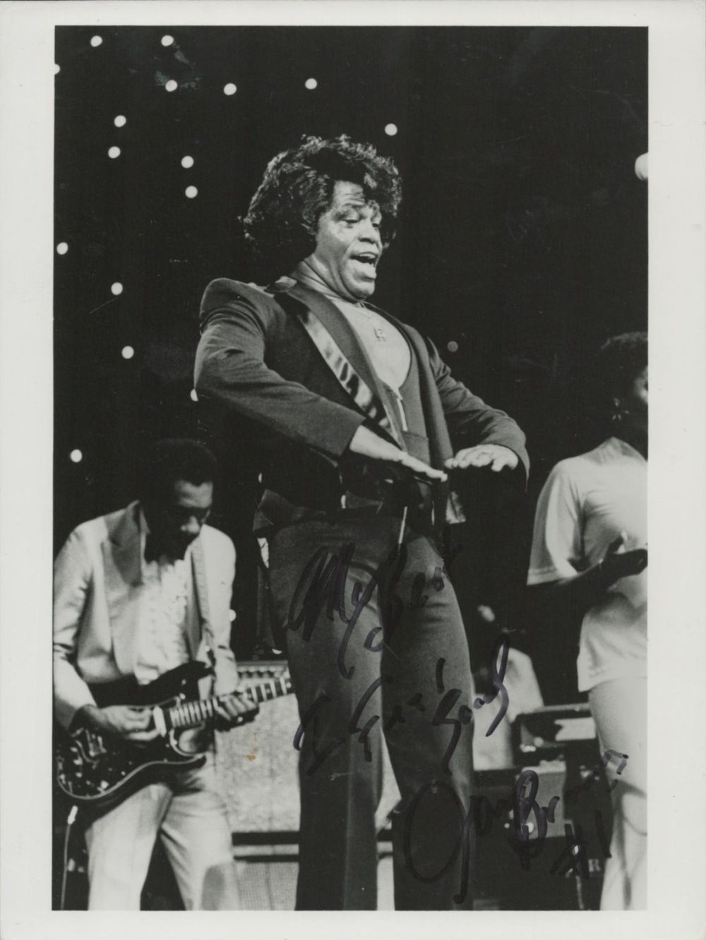 Lot 159: James Brown signed 8x6 inch vintage black and...