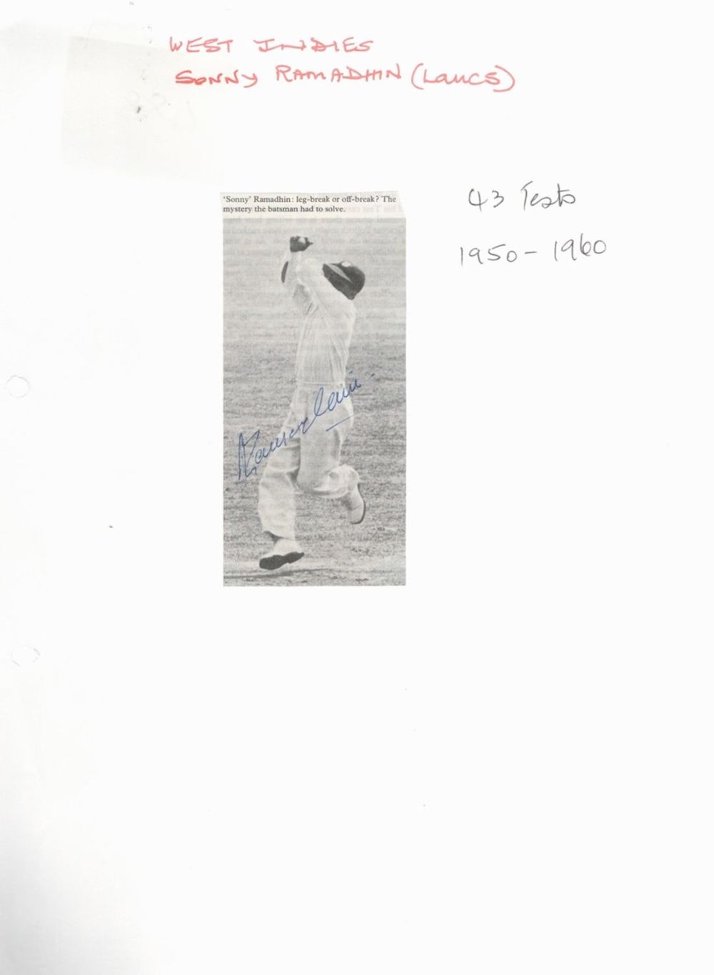 Lot 167: Cricket Sonny Ramadhin signed 5x2 black and white...