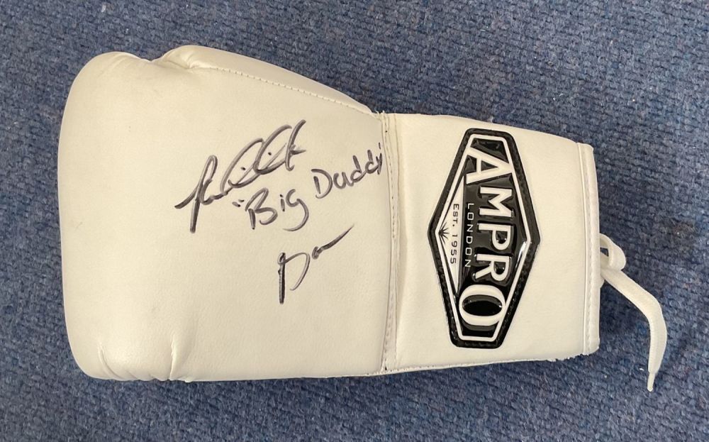 Lot 276: Boxing Riddick Bowe signed Ampro London white boxing...