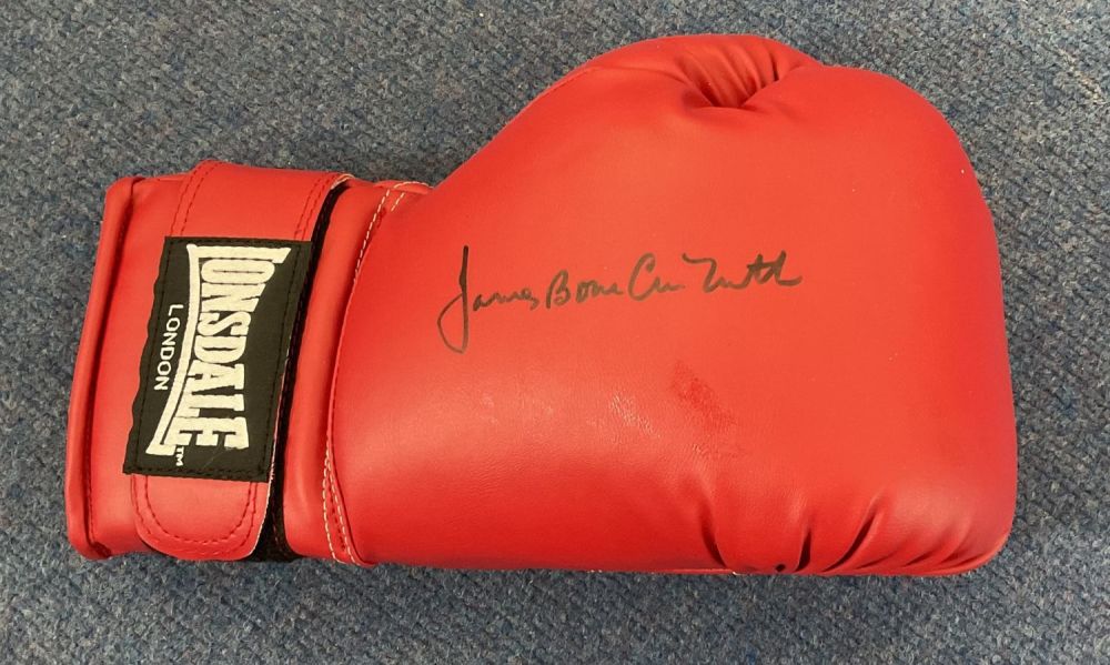 Lot 277: Boxing James Bonecrusher Smith signed Lonsdale London red...