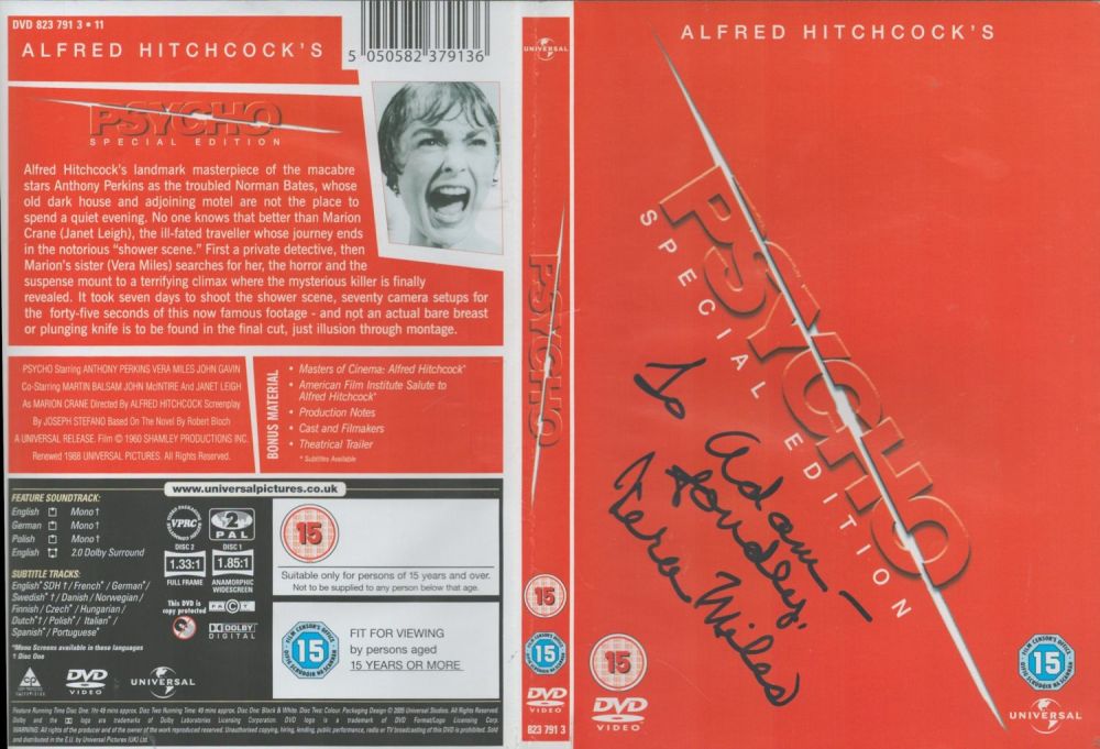 Lot 381: Signed Vera Miles DVD sleeve (Dedicated). Include DVD...