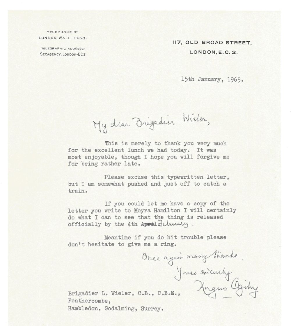 Lot 500: Angus Ogilvy TLS on Old Broad Street headed...