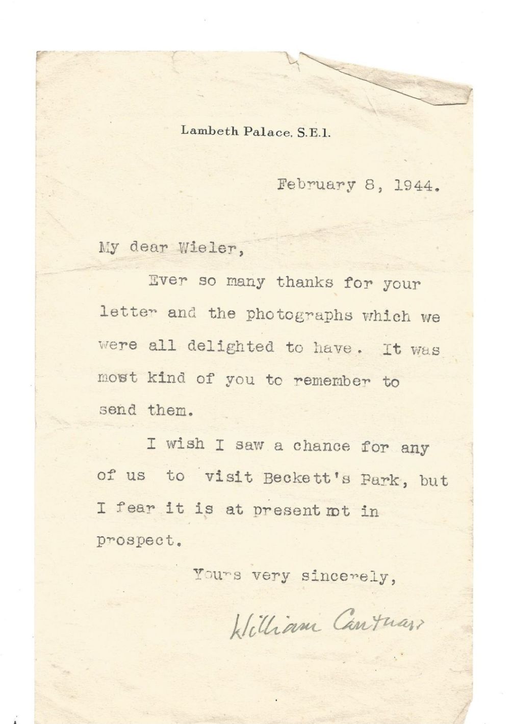 Lot 505: William Cantaur, Archbishop 1944 TLS on Lambeth Palace...