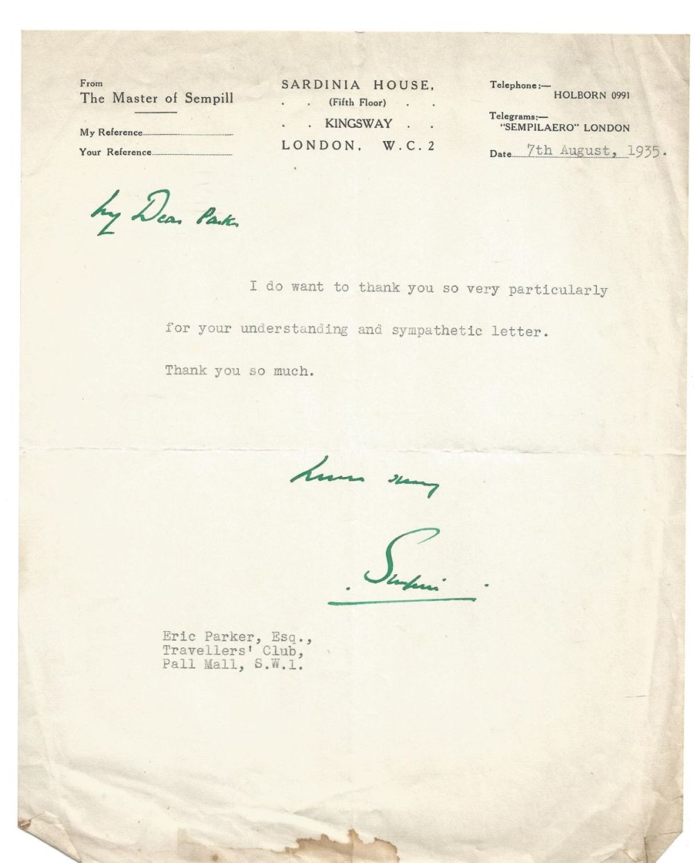 Lot 515: The Master of Sempill TLS on Sardinia House...