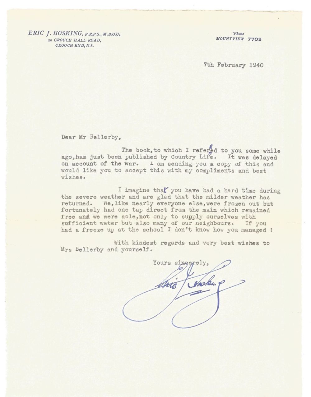 Lot 518: Eric J Hosking, pioneering wildlife photographer TLS on...