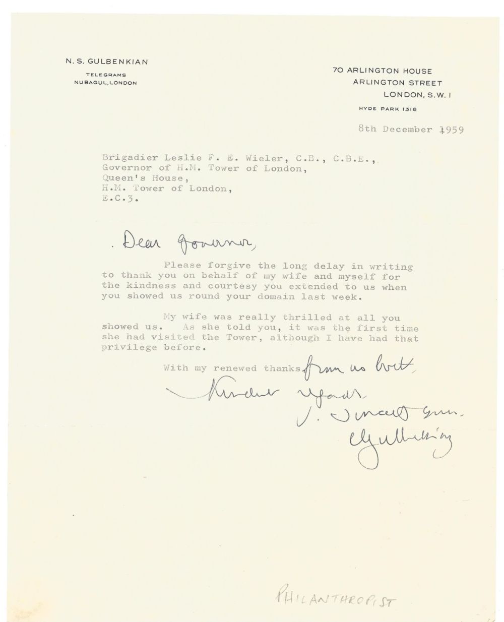 Lot 519: Nubar Sarkis Bulbenkian, Armenian-British business magnate TLS on...