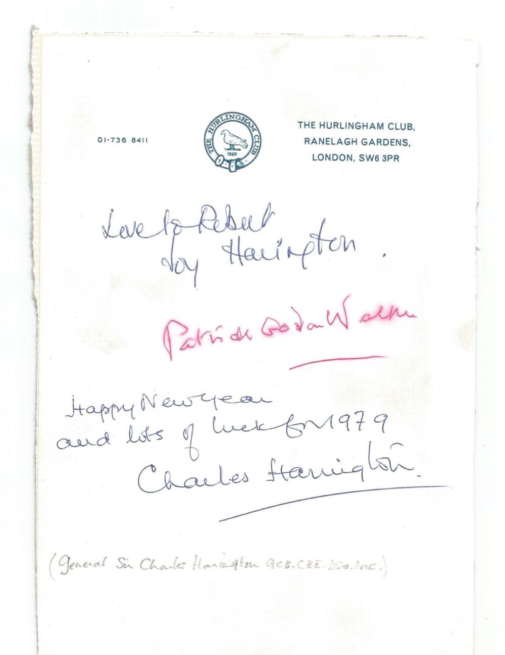 Lot 526: Hurlingham Club headed paper (mounted on card) signed...