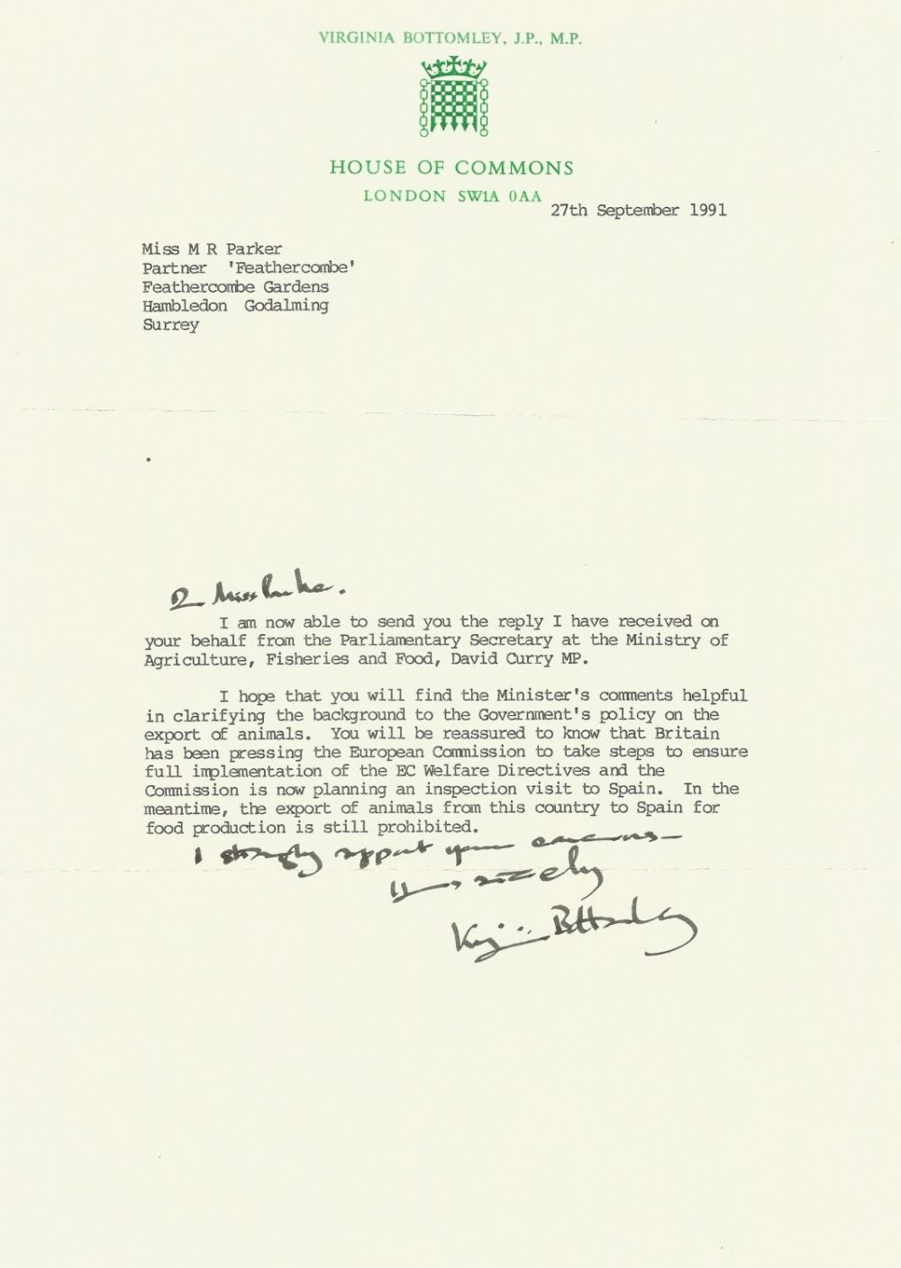 Lot 536: Virginia Bottomley TLS on House of Commons headed...