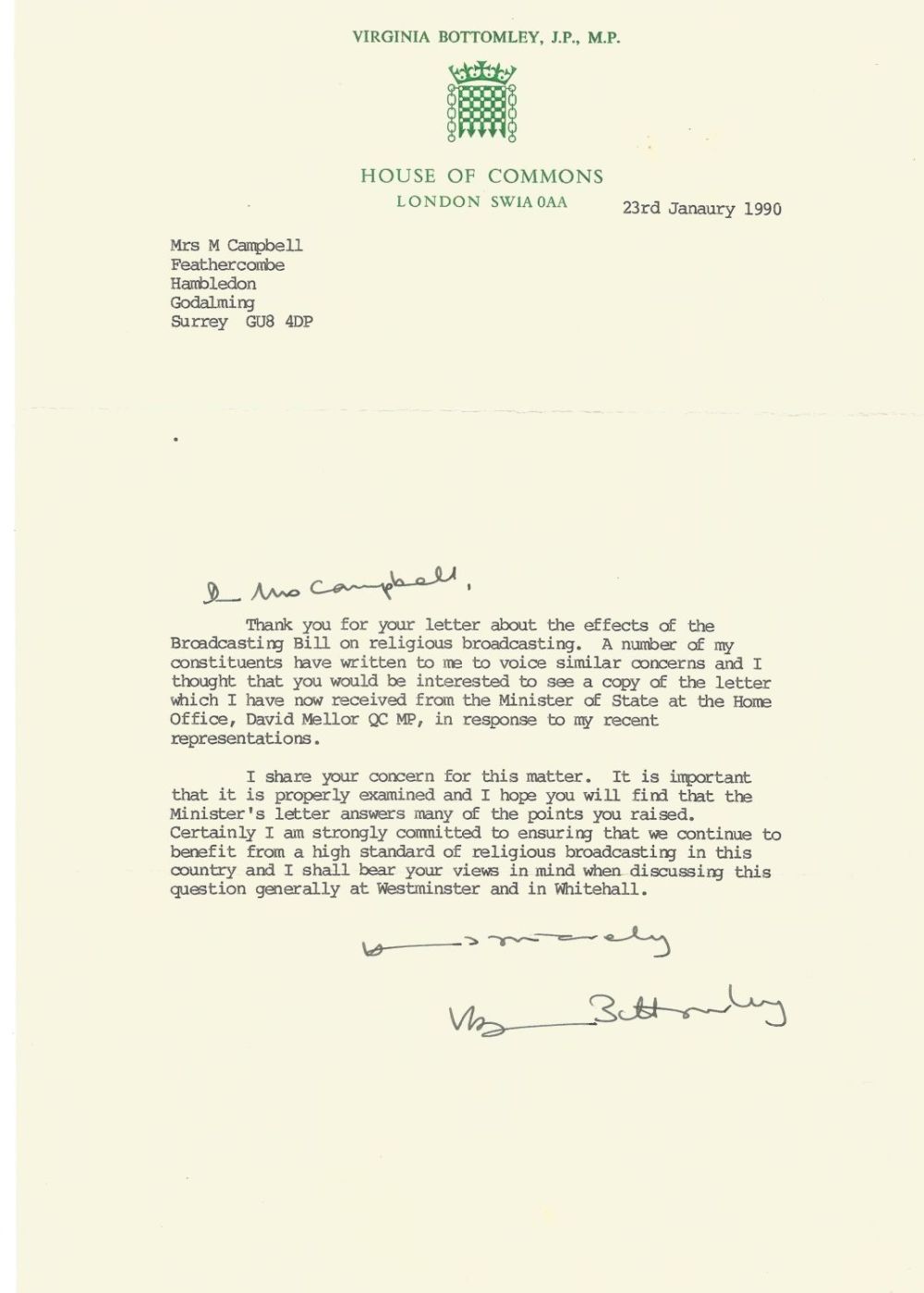 Lot 537: Virigina Bottomley TLS on House of Commons headed...