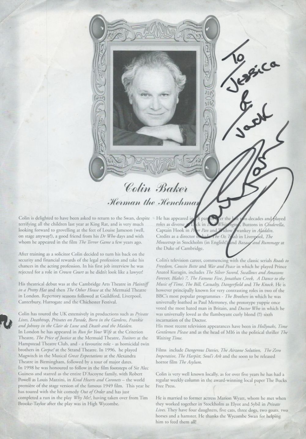 Lot 247: Colin Baker signed 12x8 bio page Herman the...