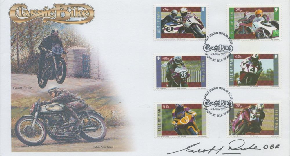 Lot 353: Geoff Duke signed FDC Classic Bike six stamps...