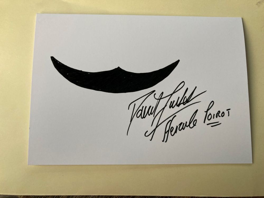 Lot 99: Poirot David Suchet signed Mustache greetings card inscribed...