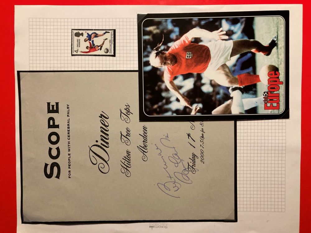 Lot 104: Bobby Charlton signed Scope Charity Dinner menu 2000...
