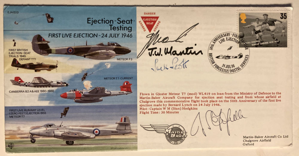 Lot 182: Ejection Seat testing RAF flown cover. Signed by...