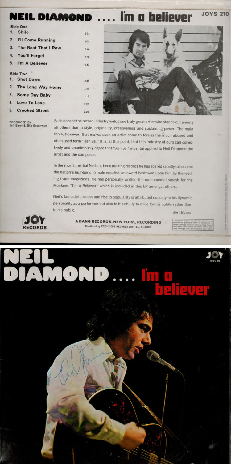 Lot 251: Neil Diamond signed I'm a Believer album sleeve...