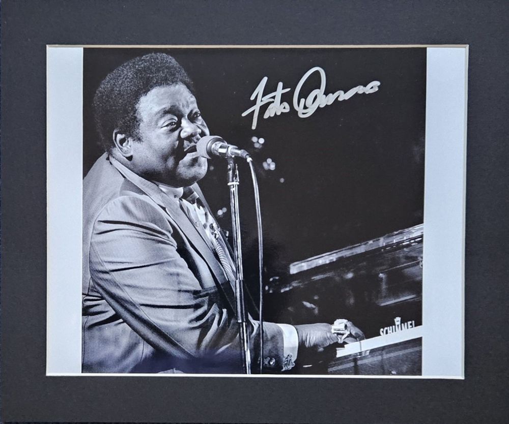 Lot 257: Fats Domino signed 12x10 inch overall mounted black...