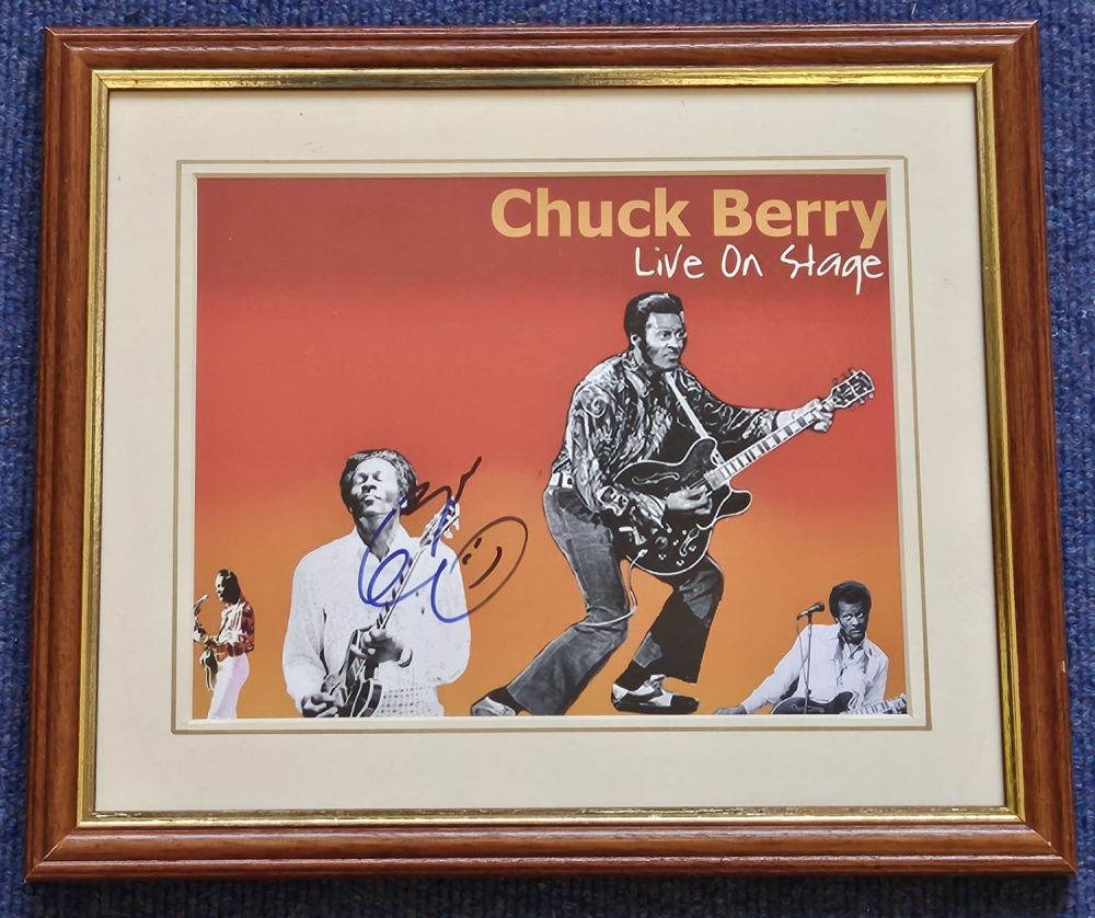 Lot 262: Chuck Berry signed 14x12 inch overall mounted and...