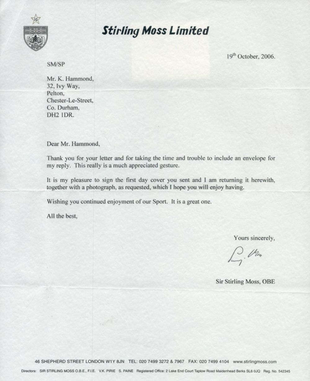 Lot 286: Stirling Moss TLS dated 19/10/2006. Good condition. All...
