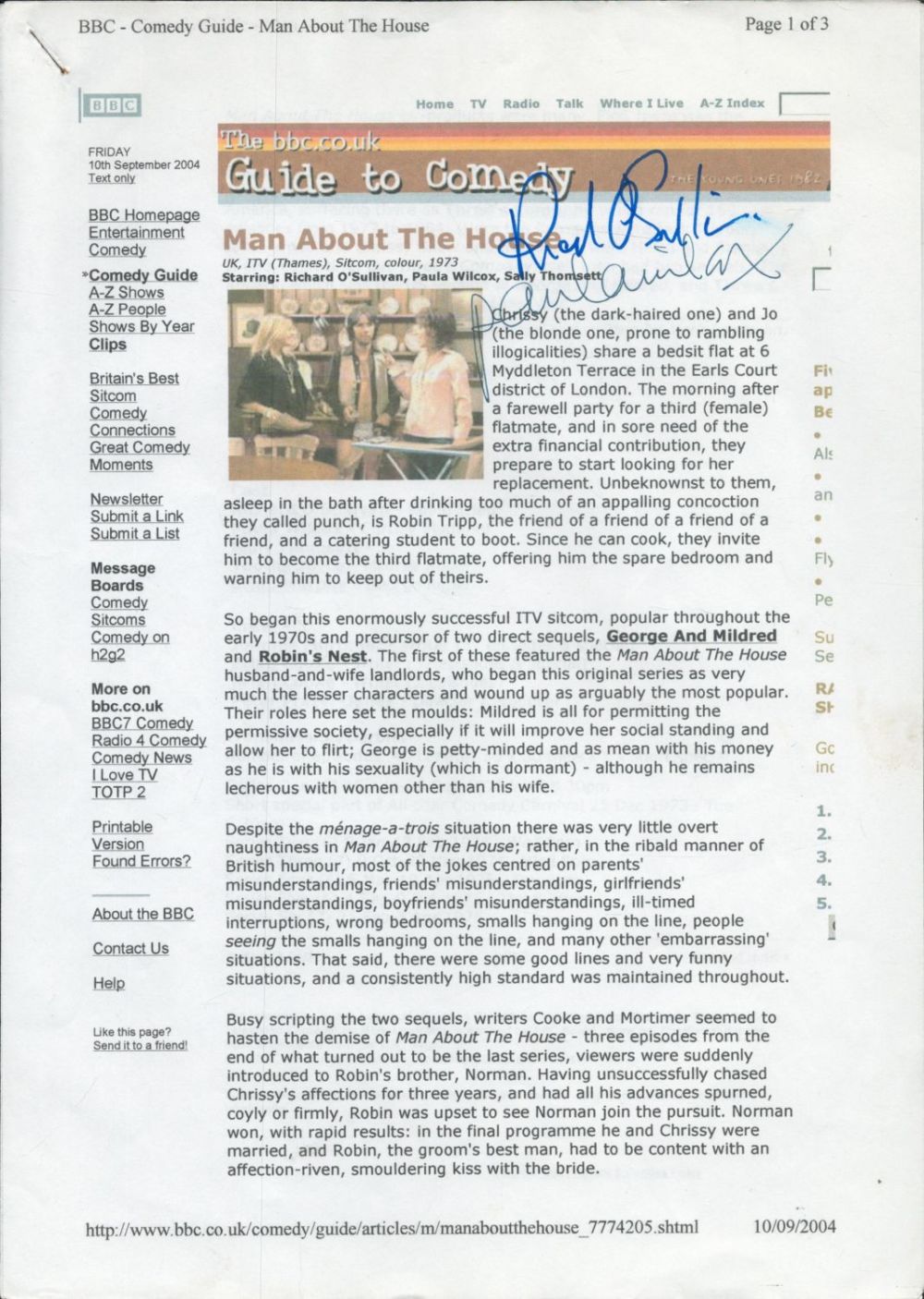 Lot 291: Richard O'Sullivan and Paula Wilcox signed information print...