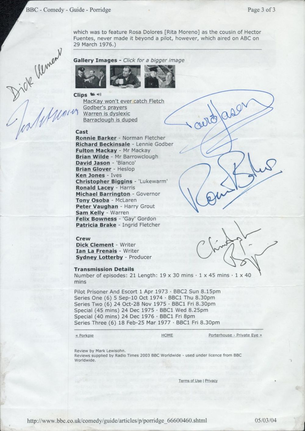 Lot 292: David Jason, Ronnie Barker, Christopher Biggins, Dick Clement...