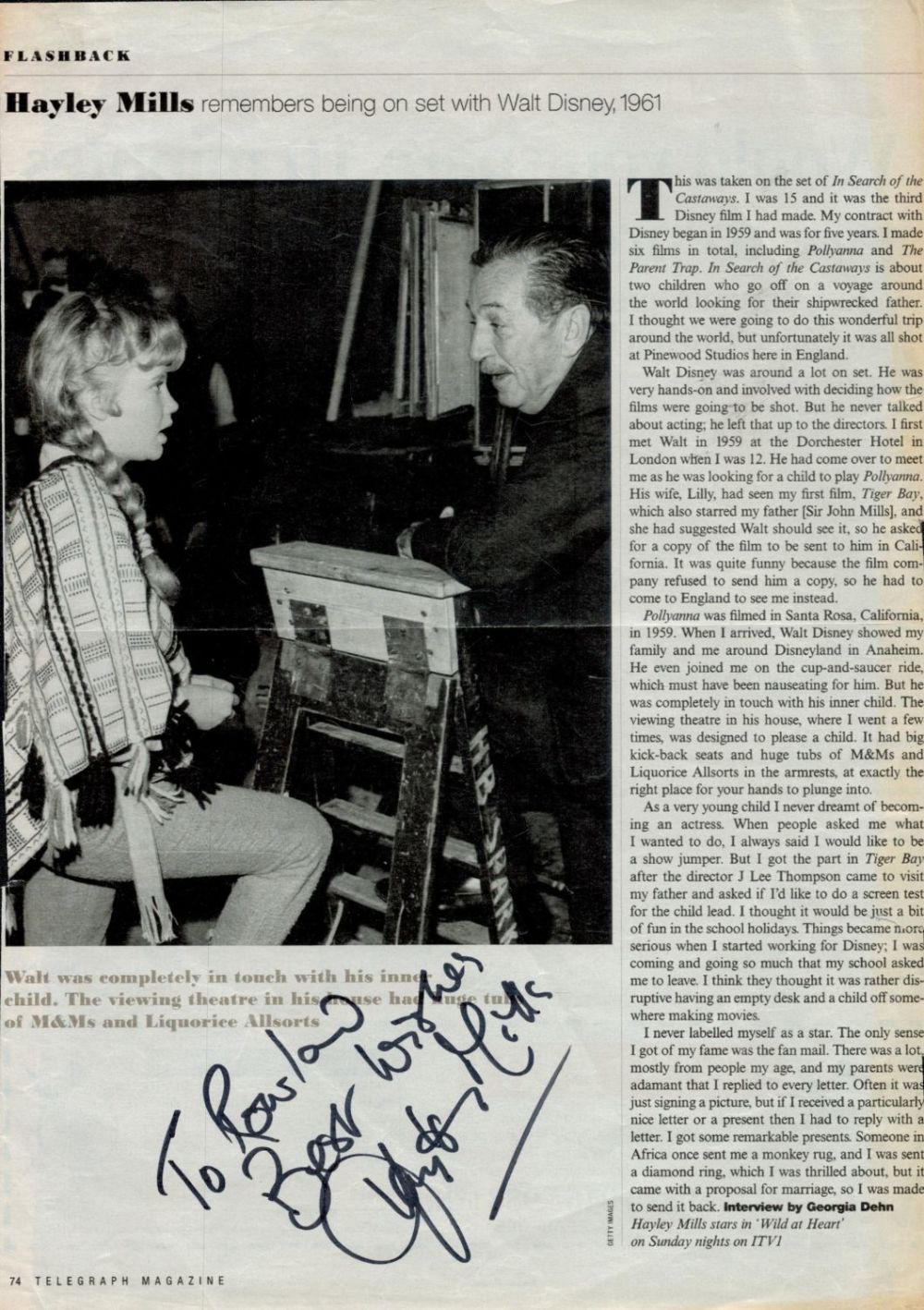 Lot 342: Hayley Mills signed newspaper article. Good condition. All...