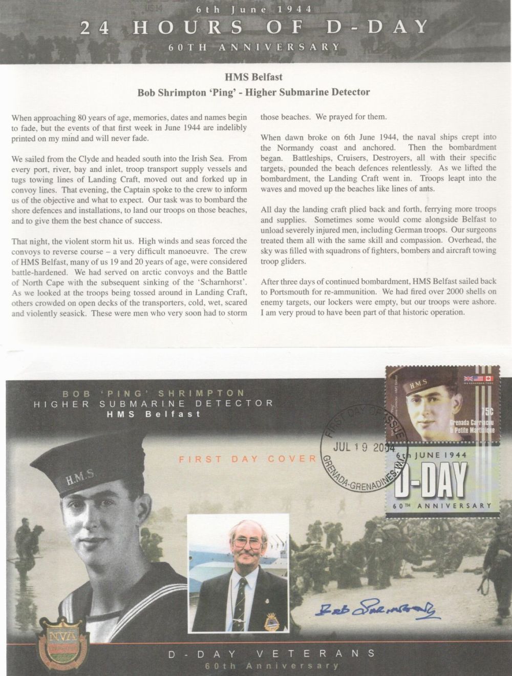 Lot 367: Bob 'Ping' Shrimpton signed D-day veterans 60th anniversary...
