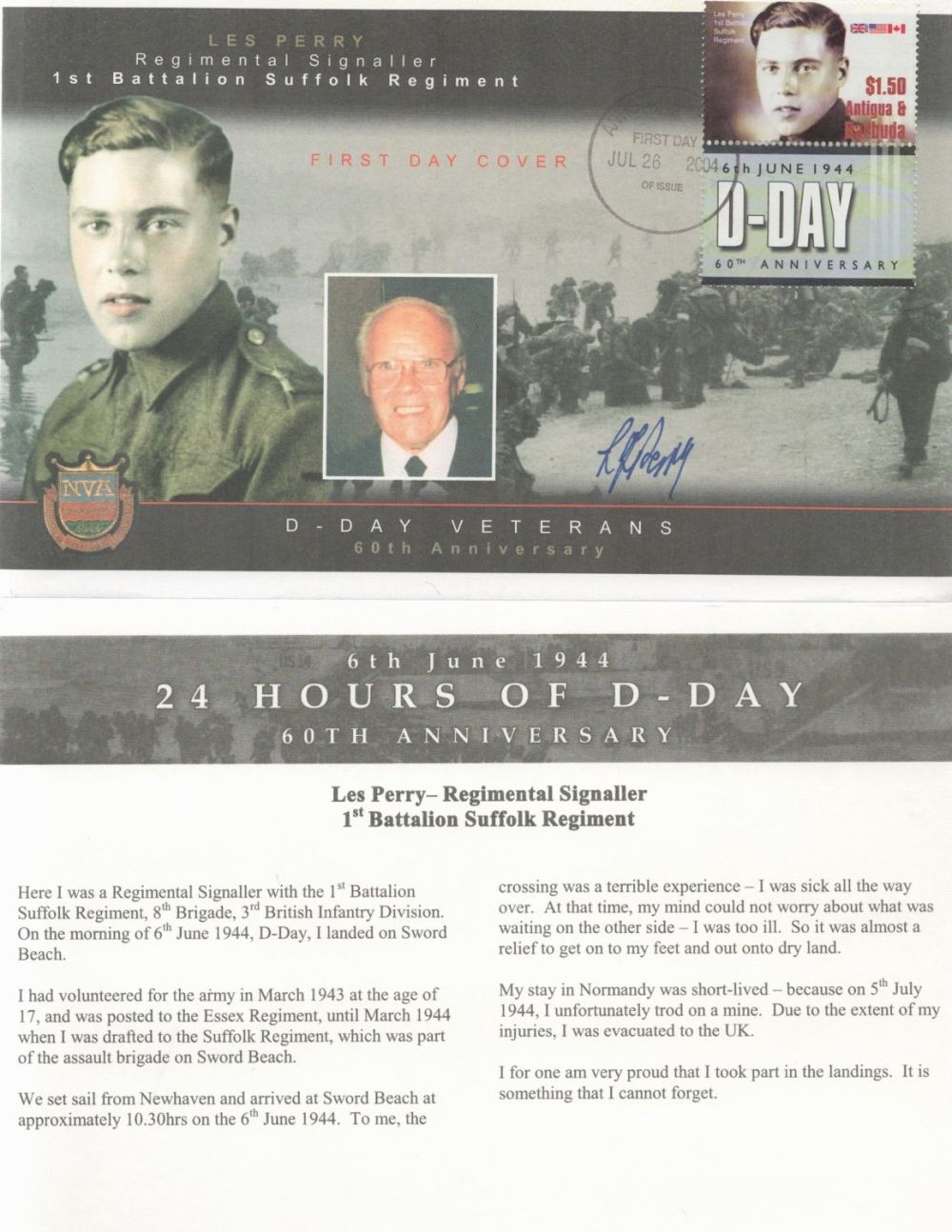 Lot 368: Les Perry signed D-day veterans 60th anniversary FDC....